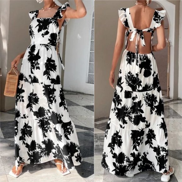 black floral butterfly sleeve ruffle hem tie back dress - Picture 2 of 8